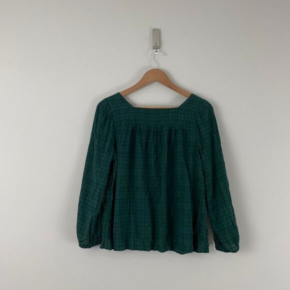 Madewell Plaid Square Neck Peasant Top in Smoky Spruce Size Small - Picture 2 of 6